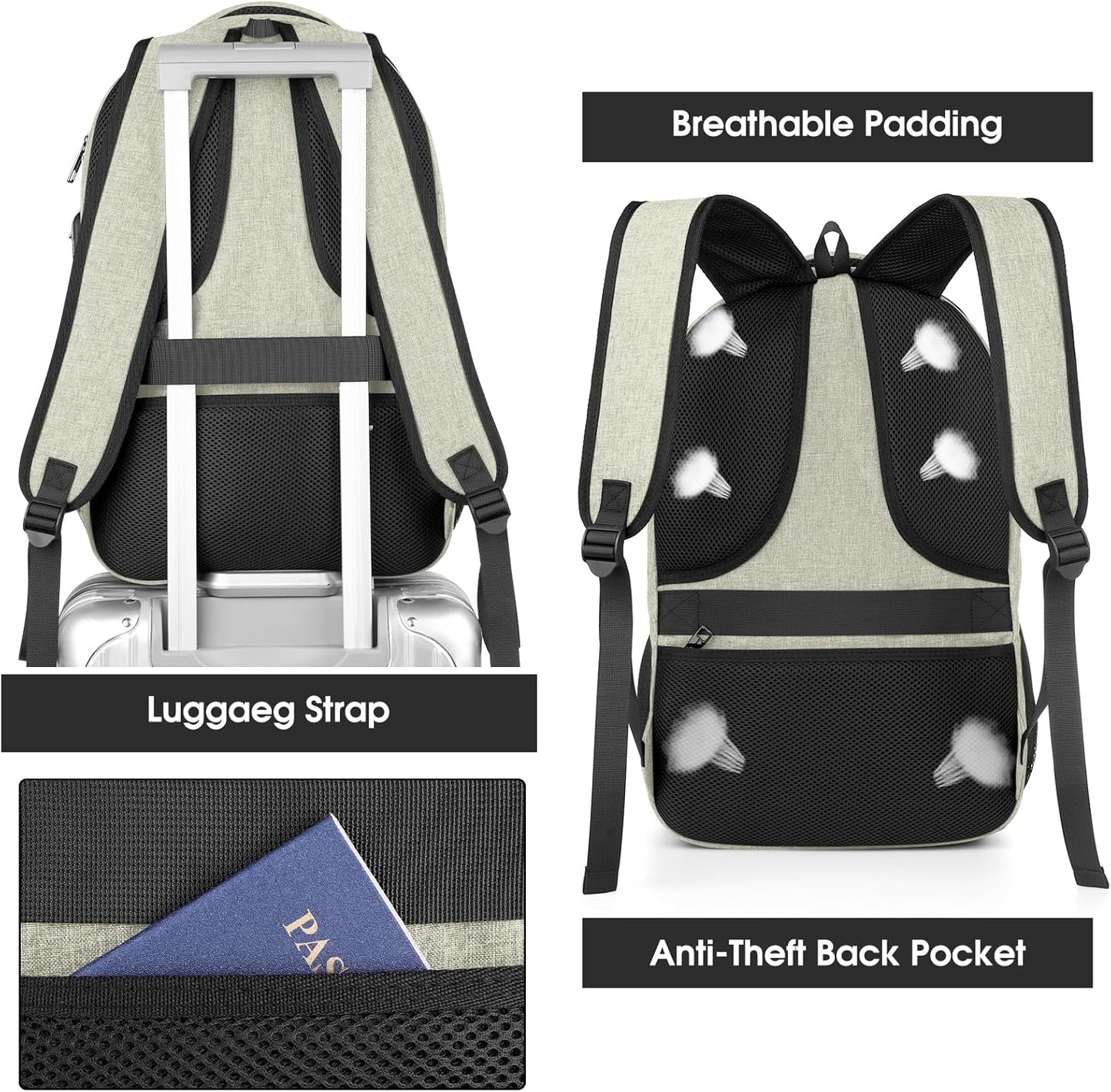 Backpack for Men Women, School Backpacks for Teen Boys, Business Anti Theft Sturdy Travel Laptop Backpack with USB Charging Port, Water Resistant 15.6 Inch Computer Bag Gift, Beige