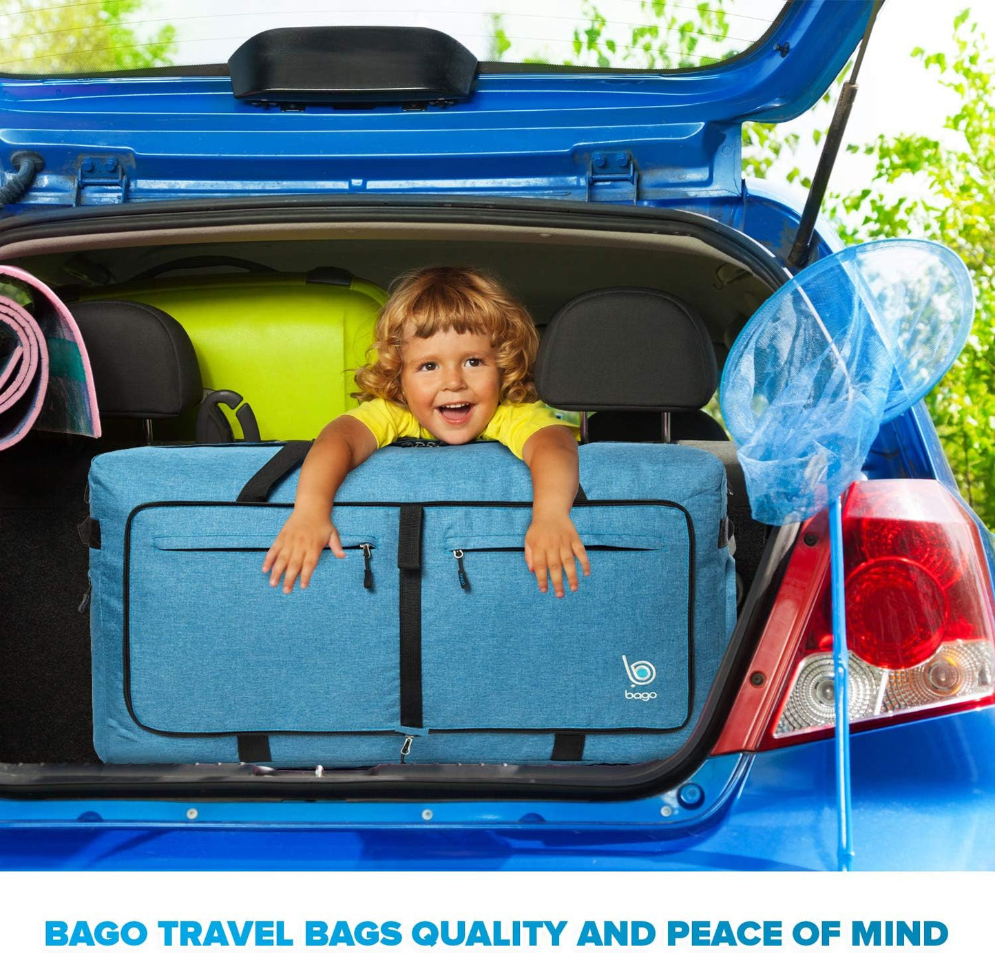 Bago Large Foldable Duffel Bags for Traveling Women & Men - 120L Packable Duffle Bag for Travel with Shoe Compartment - Water Repellant, Heavy Duty, Lightweight Folding & Collapsible (SnowBlue)