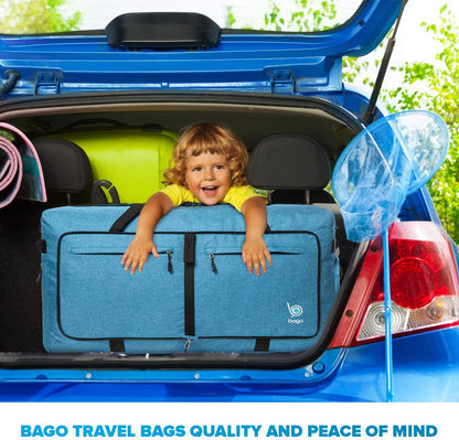 Bago Large Foldable Duffel Bags for Traveling Women & Men - 120L Packable Duffle Bag for Travel with Shoe Compartment - Water Repellant, Heavy Duty, Lightweight Folding & Collapsible (SnowBlue)