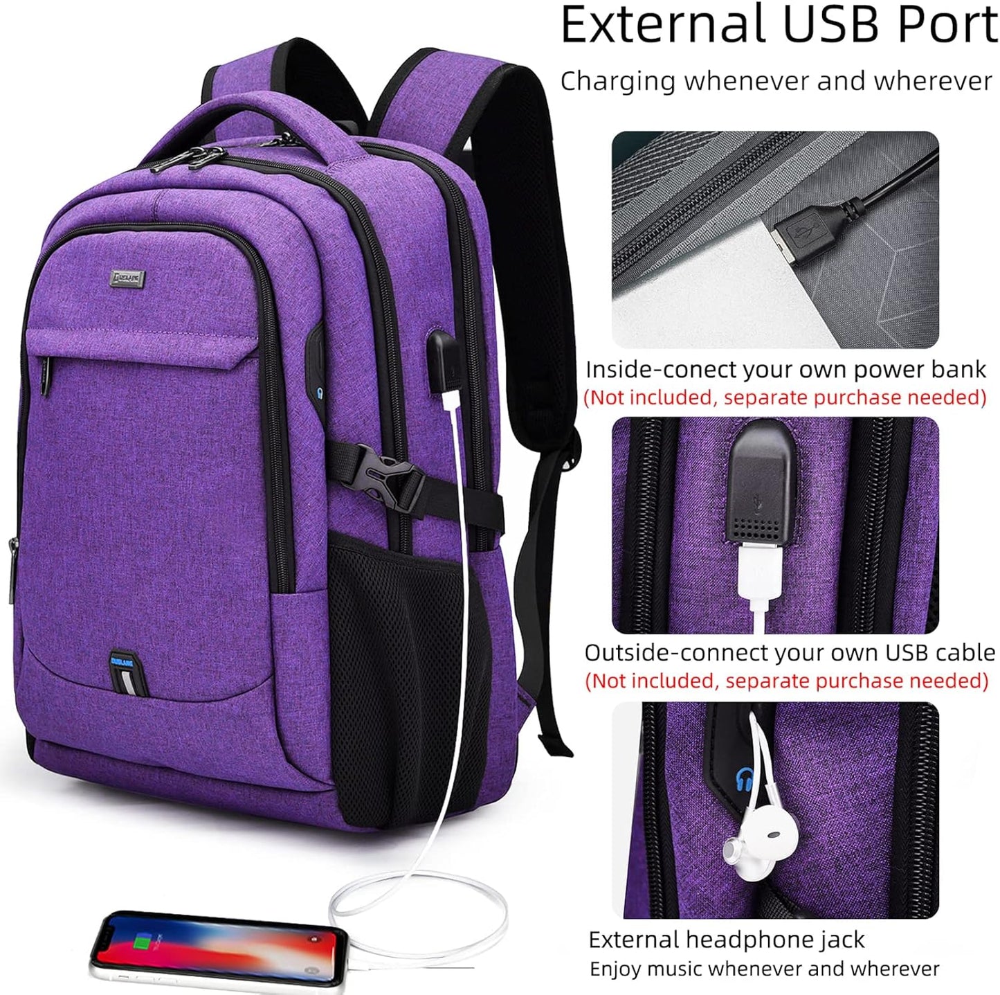 DUSLANG 17 Inch Laptop Backpack for Travel Water Resistant College Backpack for Women Laptop Bag with USB Charging Port Work Backpack,Purple