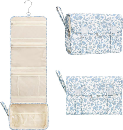 Hanging Toiletry Bag, Travel Toiletries Bag with Hanging Hook, Water Resistant Makeup Cosmetic Organizer for Full Sized Container, Shampoo, Portable Wash Bag for Travel Size Essentials - Blue Flower
