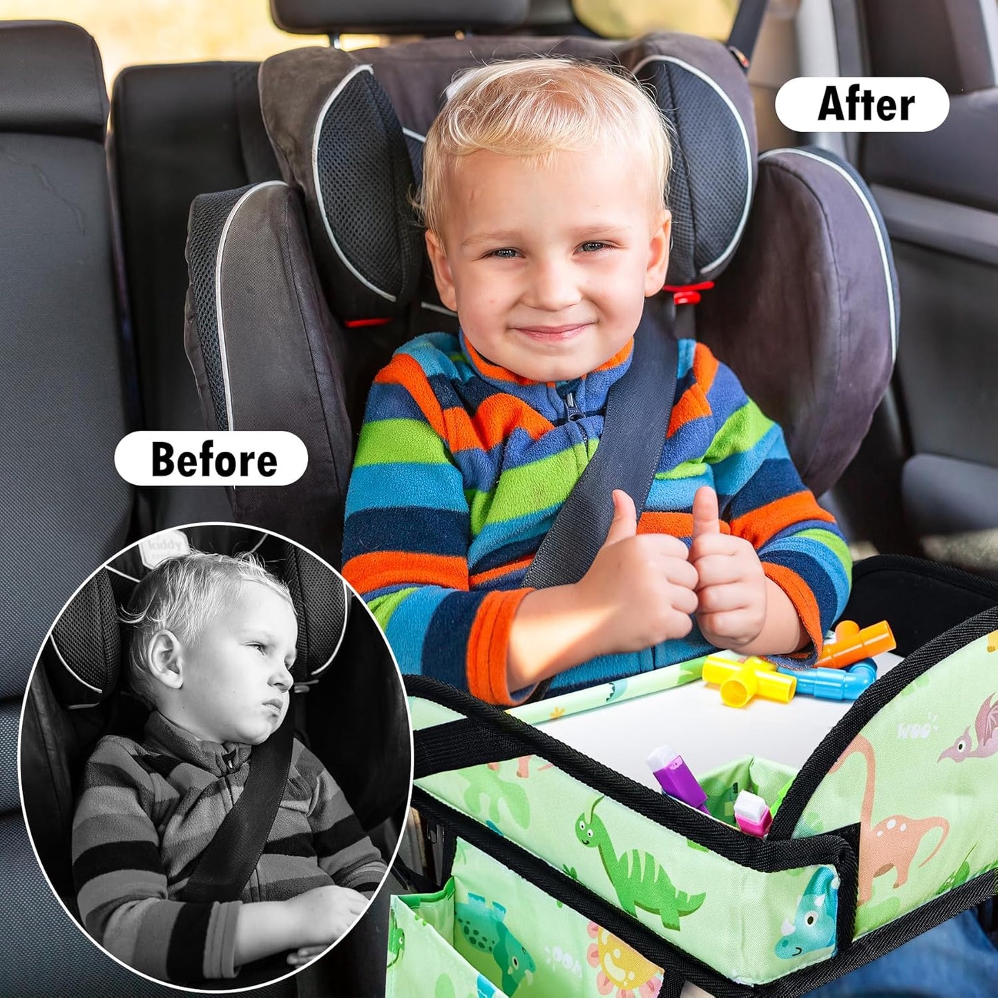2PCS Kids Travel Tray, Car Seat Tray for kids Travel, Toddler Road Trip Essentials With Drawing Kit, Toddler Lap Desk Organizer for Car, Carseat Table for Airplane
