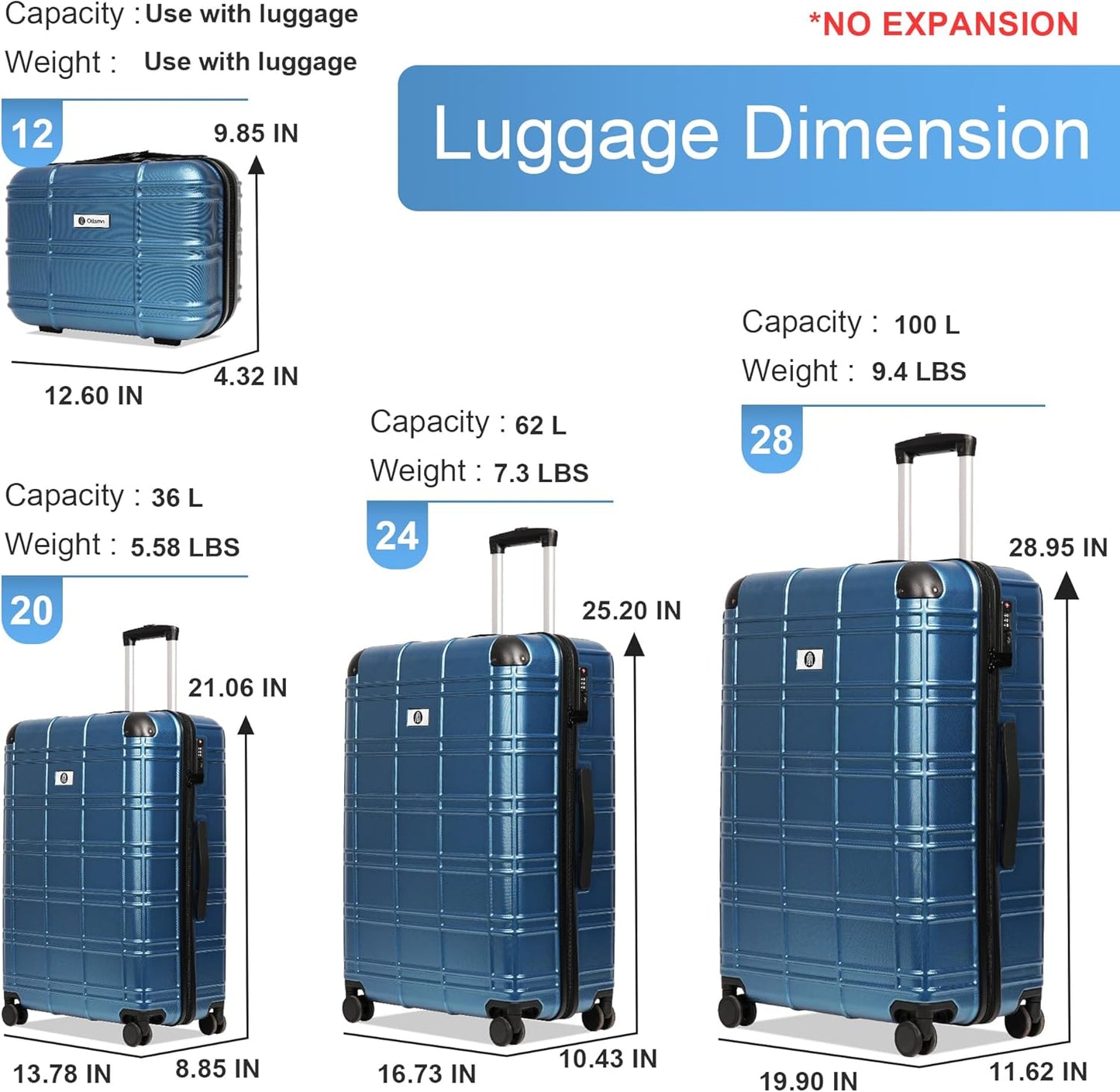 Luggage Sets 4 Piece, ABS PC Lightweight Suitcases with Wheels, Hardshell Luggage Sets Carry on Luggage with TSA Lock Blue (12in 20in 24in 28in)