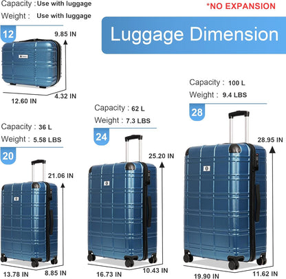 Luggage Sets 4 Piece, ABS PC Lightweight Suitcases with Wheels, Hardshell Luggage Sets Carry on Luggage with TSA Lock Blue (12in 20in 24in 28in)