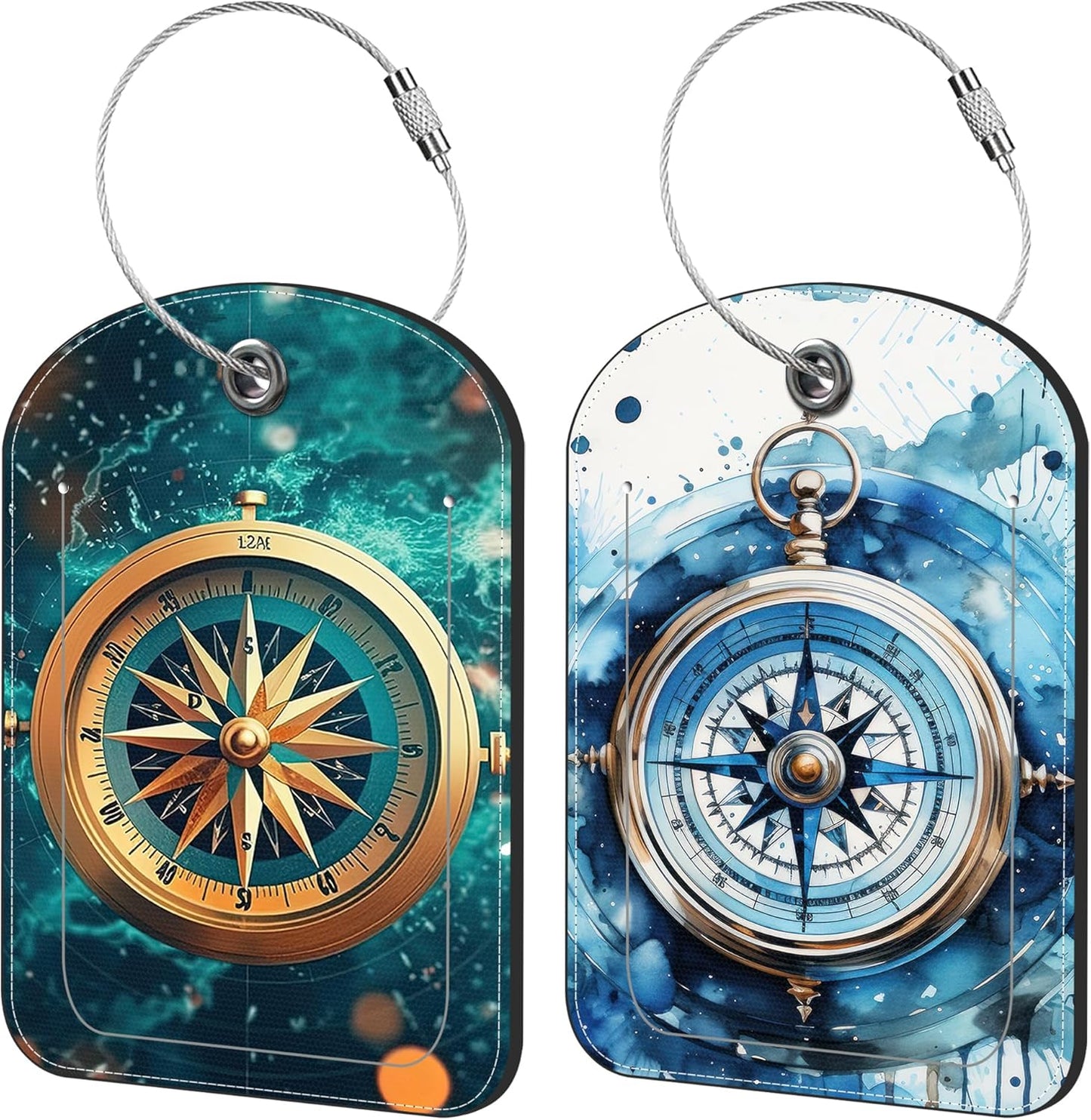 Old Compass on Vintage Map Luggage Tag for Suitcase Set of 2 PU Leather Cute Luggage Tags with Stainless Metal Loop ID Label Privacy Flap Suitcase Tags for Women and Men Travel