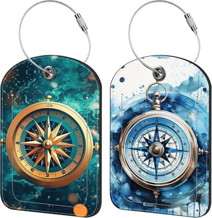 Old Compass on Vintage Map Luggage Tag for Suitcase Set of 2 PU Leather Cute Luggage Tags with Stainless Metal Loop ID Label Privacy Flap Suitcase Tags for Women and Men Travel