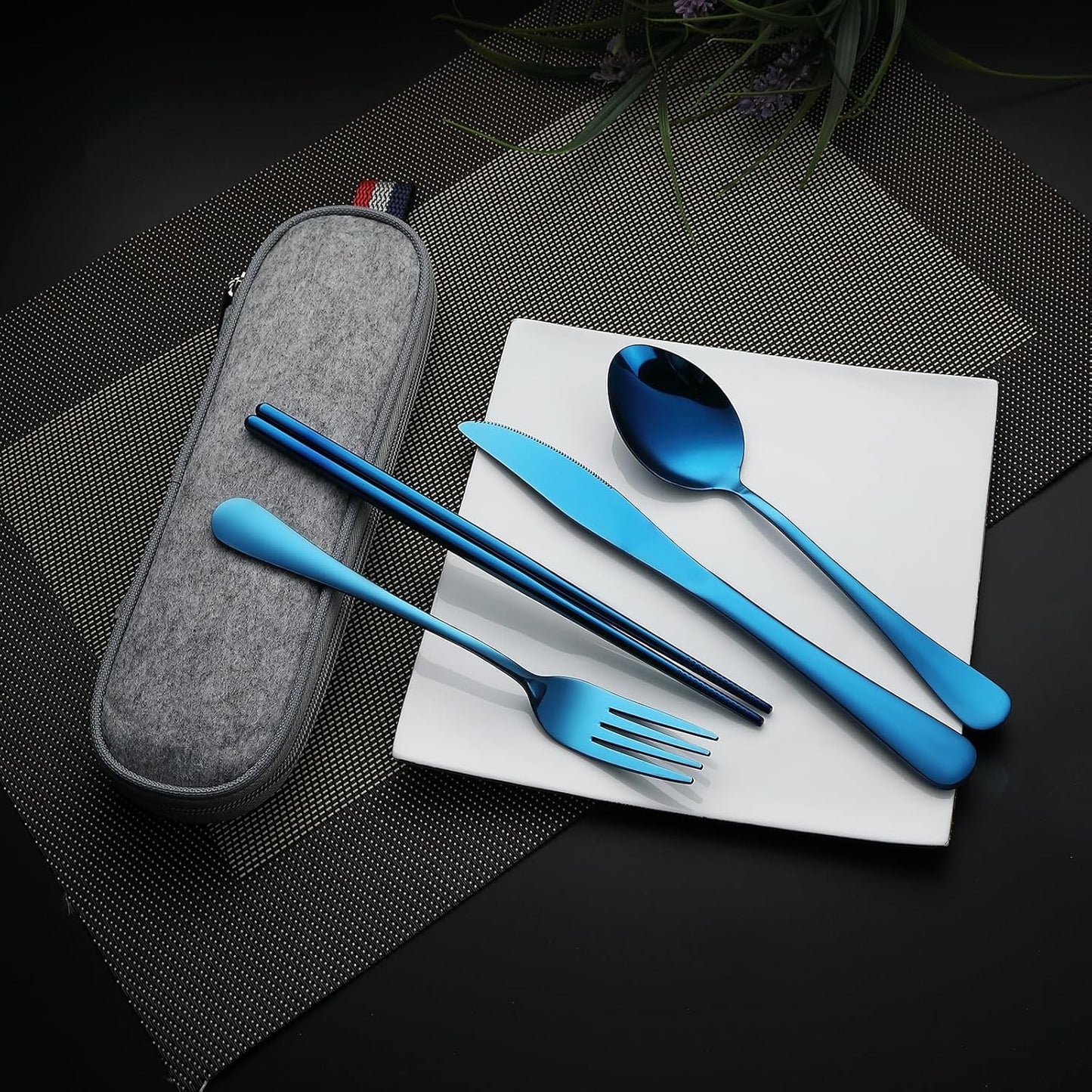 DEVICO Camping Utensils, Portable Travel Utensils with Case, Stainless Steel Reusable Silverware for Lunch Adult, 5Pcs Cutlery Set Includes Knife Spoon Fork Chopsticks and Case (Blue)