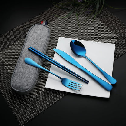 DEVICO Camping Utensils, Portable Travel Utensils with Case, Stainless Steel Reusable Silverware for Lunch Adult, 5Pcs Cutlery Set Includes Knife Spoon Fork Chopsticks and Case (Blue)