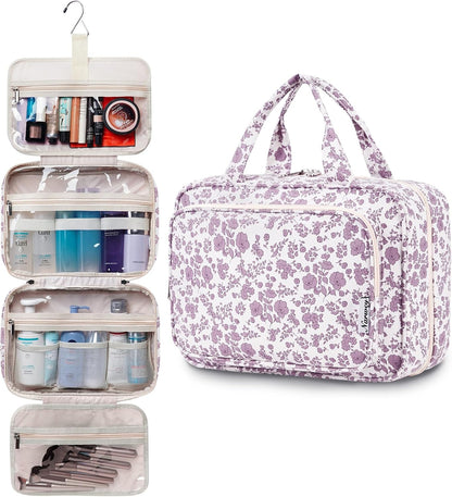 Travel Toiletry Bag for Women Large Hanging Makeup Bag Organizer Toiletries Bag for Full Size Essentials Accessories Cosmetics (Little Dusty Pink Flower (Large))