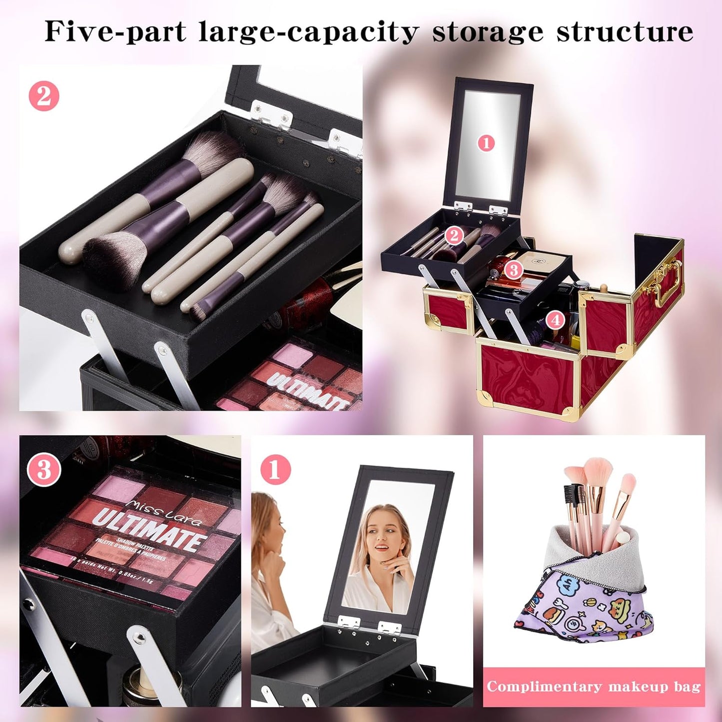 Makeup Train Case, Portable Makeup Case with Mirror, 2-Trays Cosmetic Organizer Case,Nail Polish Organizer, Travel Makeup Box, Profesional for Salon Barber, Pattern Red