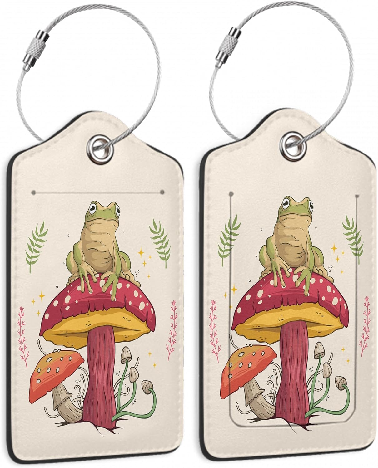2 Pack Luggage Tags for Suitcase,Frog Sitting On Mushroom Leather Luggage Tag Bag Tags Identifiers Privacy Cover Id Label with Steel Loop for Women Men Girls Boys Travel