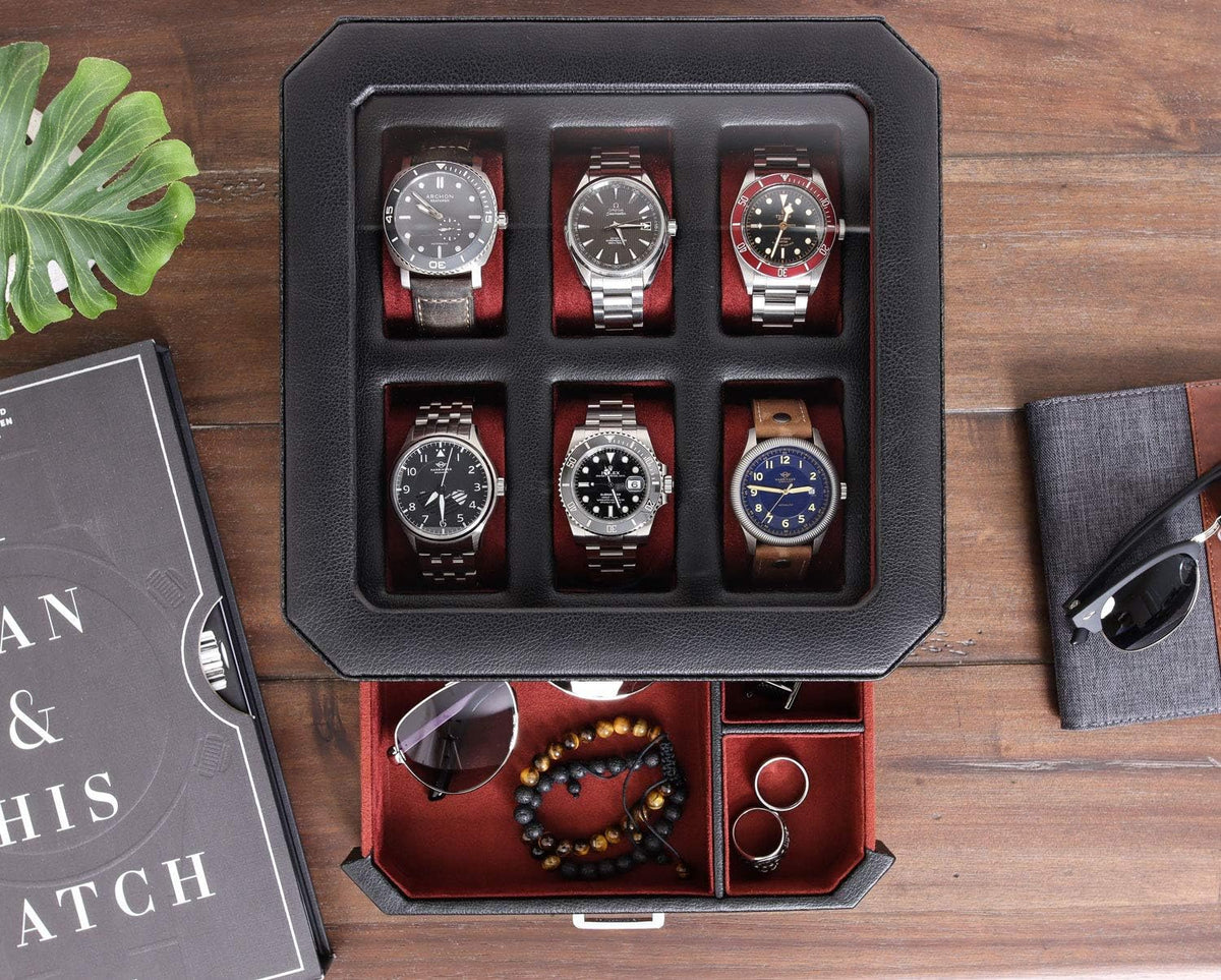 ROTHWELL 6 Slot Leather Watch Box with Valet Drawer - Luxury Watch Case Display Organizer, Microsuede Liner, Locking Mens Jewelry Watches Holder, Men's Storage Boxes Holder Large Glass Top (Black/Red)