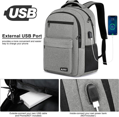 School Backpack for Teen Boys & Girls Students, 15.6 Inch Laptop Backpack with USB Charging Port - College Business Travel Bookbag, Grey