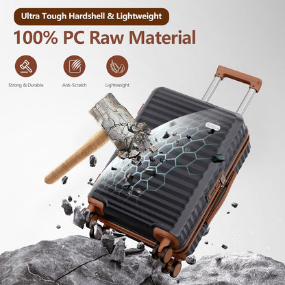 SHOWKOO Carry On Luggage Hardshell Lightweight Luggage Set, Suitcase with Double Spinner Wheels Tsa Lock White 3 piece set Black (DB/TB/20in)