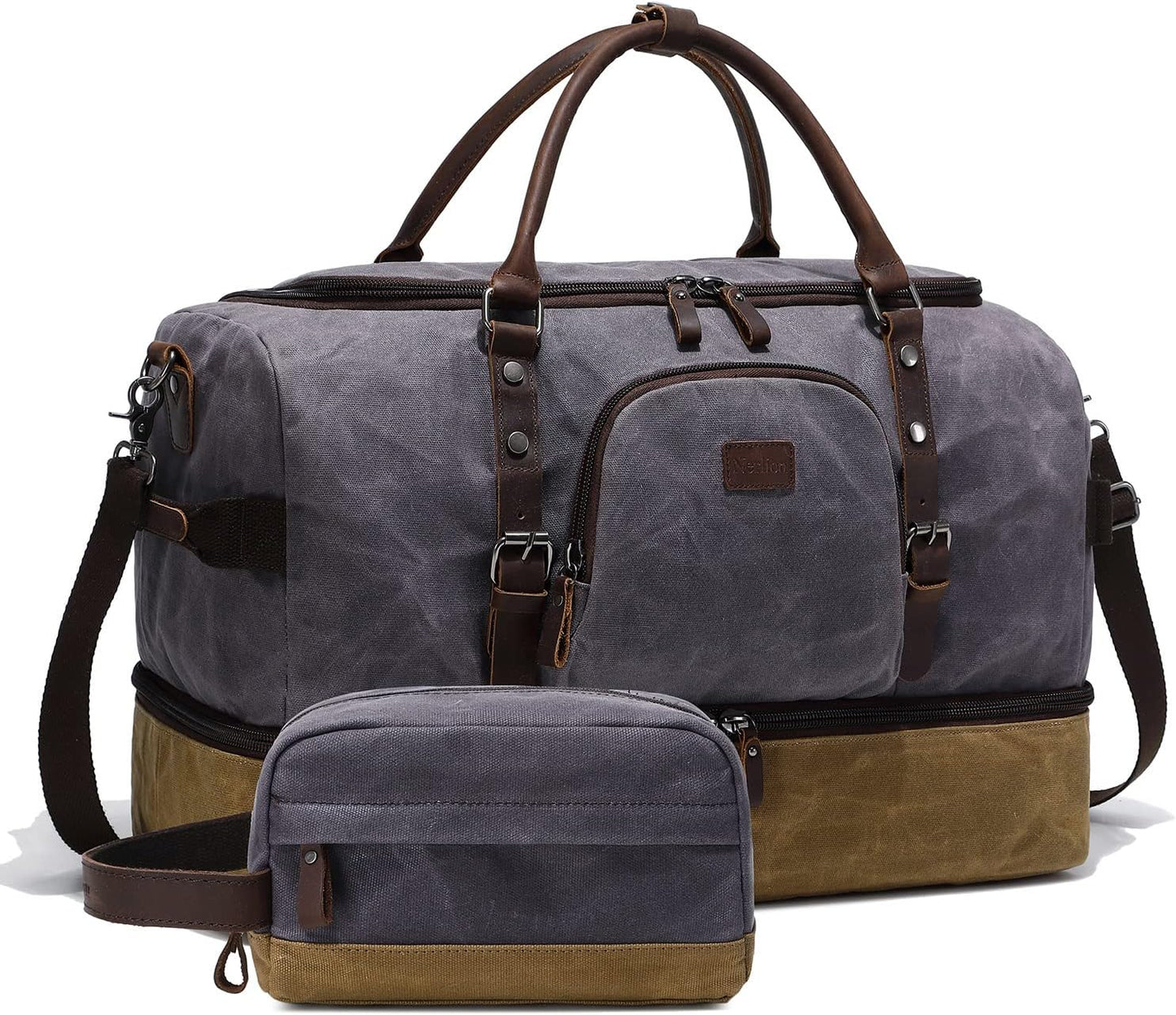 Nerlion Weekender Bag with Shoe Compartment Large Overnight Bag for Men Canvas Genuine Leather Carry on Luggage Bag Travel Duffel Bag(Gray)