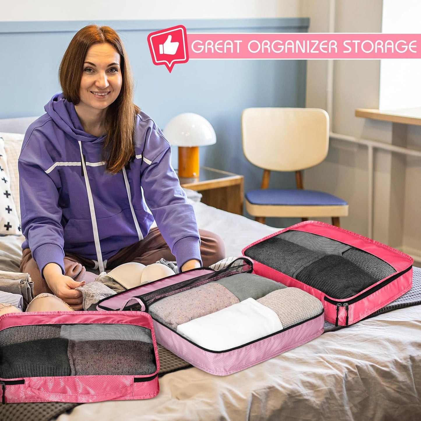 5 Pcs Packing Cubes for Suitcase Large Travel Cubes Carry on Luggage Organizer Bags for Clothes Accessories(L,Pink)