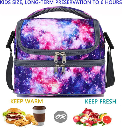 FlowFly Double Decker Cooler Insulated Lunch Bag Large Tote for Boys, Girls, Men, Women, With Adjustable Strap,Galaxy