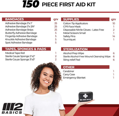 M2 BASICS All-Purpose 150 Piece First Aid Kit | Car, Travel, Home, Hiking, Camping, Survival | Small Emergency Kit, Medical Kit