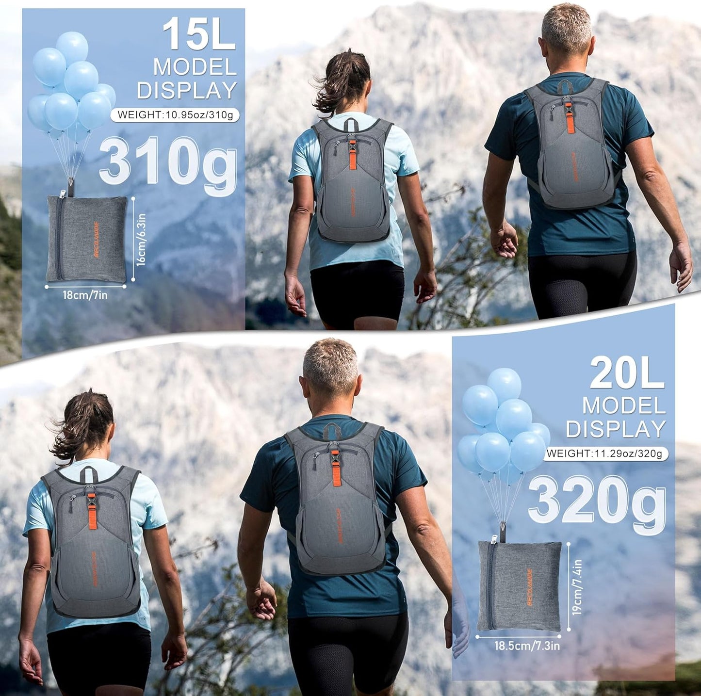 20L Small Hiking Backpack for Men Women Foldable Packable Back Pack Ultralight Hiking Daypack for Travel Camping Outdoor, Gray