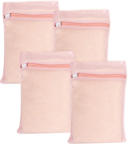 4 Piece Pink Small, Durable Organic Cotton Mesh Laundry Bag with Strong Zipper and Breathable Mesh, Delicate Laundry Bag for Underwear, Clothes, Pants and Socks