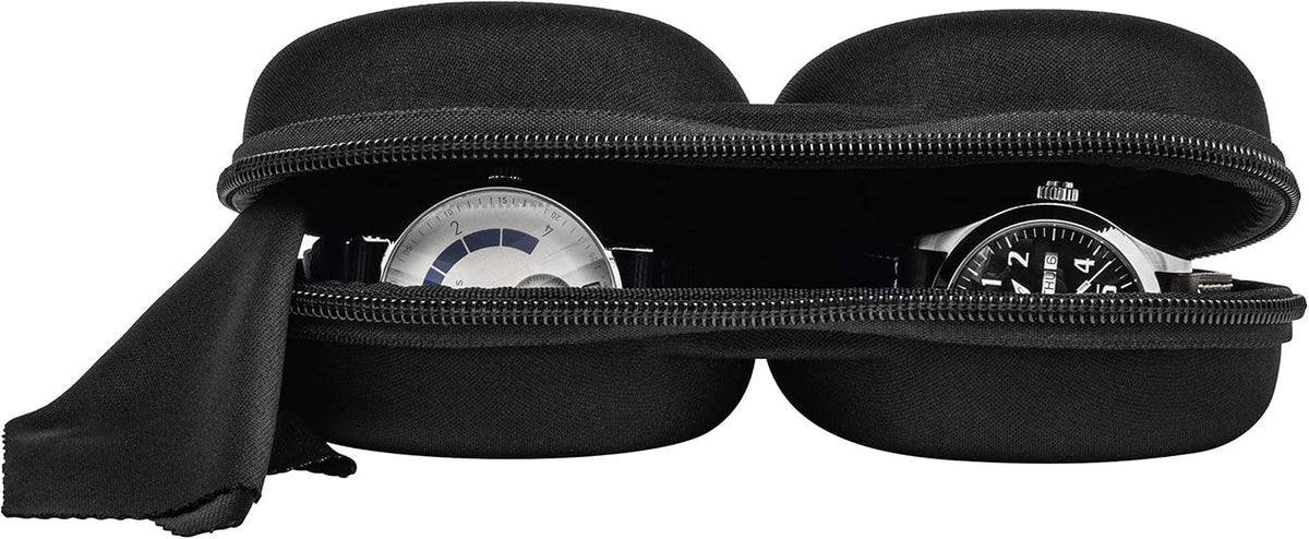 Double Watch Travel Case Storage Holder Box for 2 Watches | Dual Tough Portable Protection w/Zipper Fits All Wristwatches & Smart Watches Up to 50mm (Black)