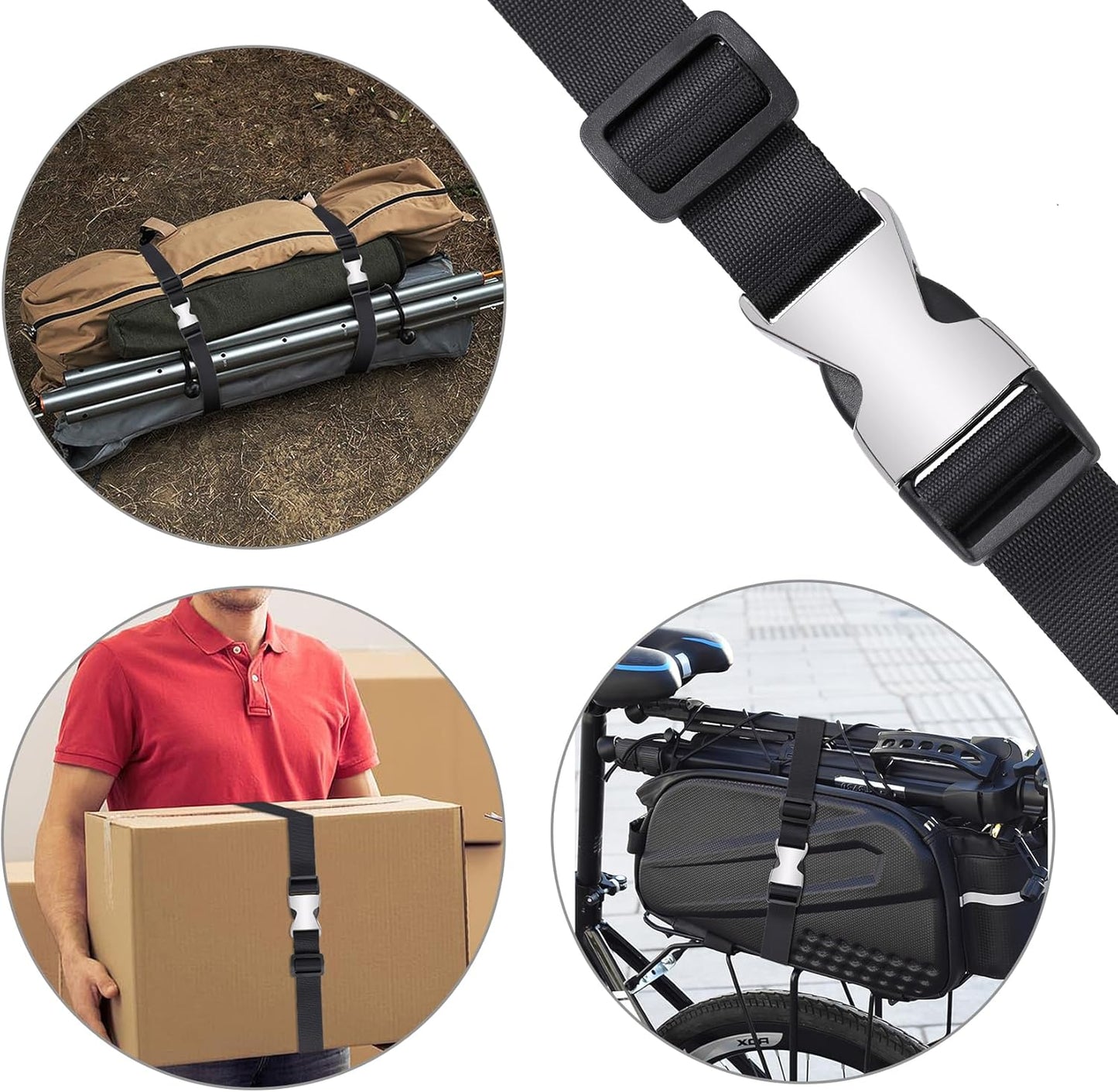 Buckle Straps with Metal Clips, Adjustable Nylon Straps with Buckles, Black 4 Pack (Black-Metal Buckle, 6’x1)