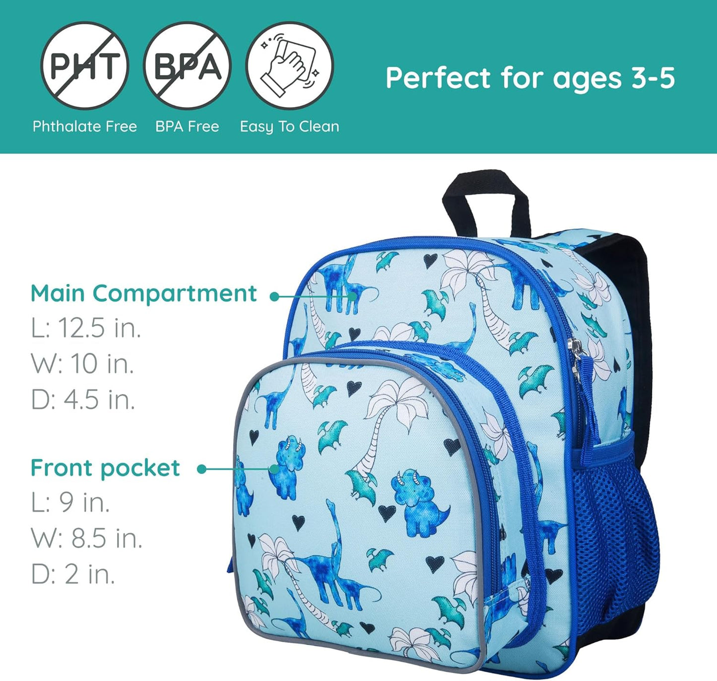 Wildkin JumpOff Jo 12-inch Kids Backpack – Lightweight, Durable Toddler Bag - Blue Dino