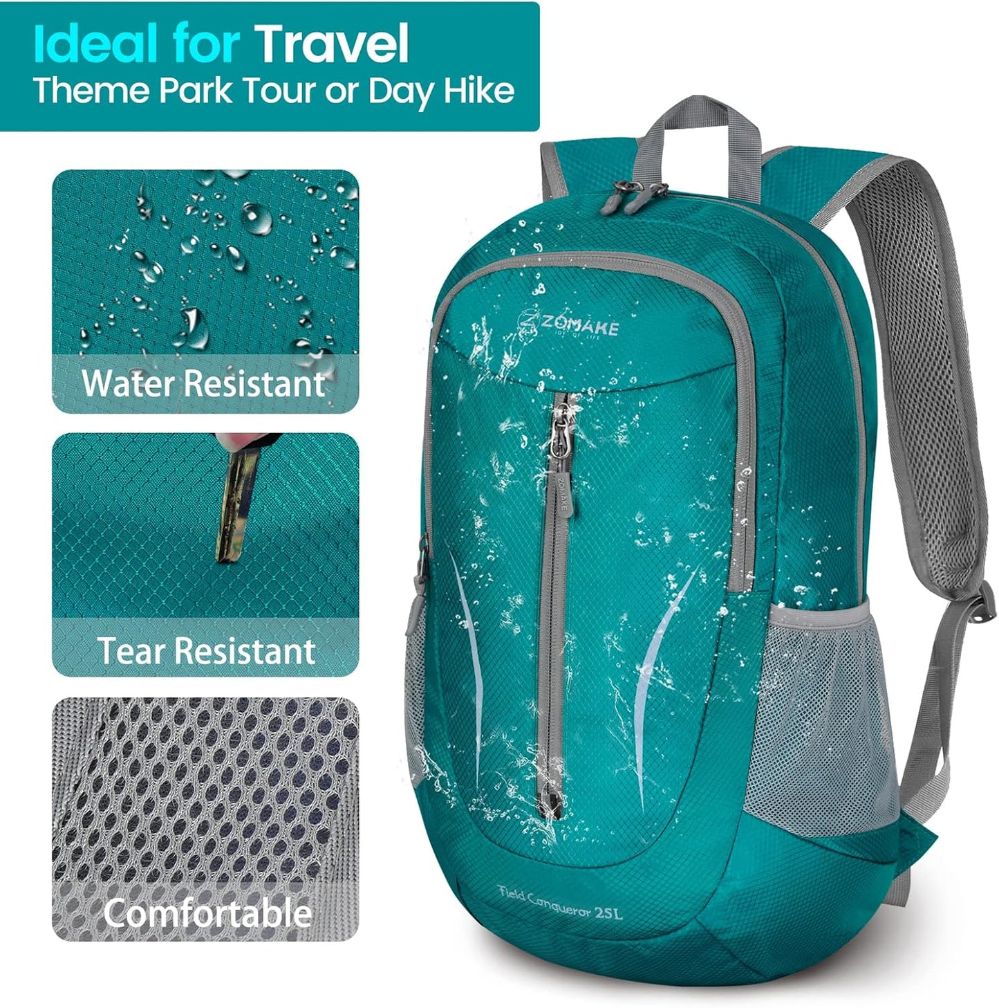 ZOMAKE Ultra Lightweight Packable Backpack 25L, Foldable Hiking Backpacks Water Resistant Small Folding Daypack for Travel(Lake Green)