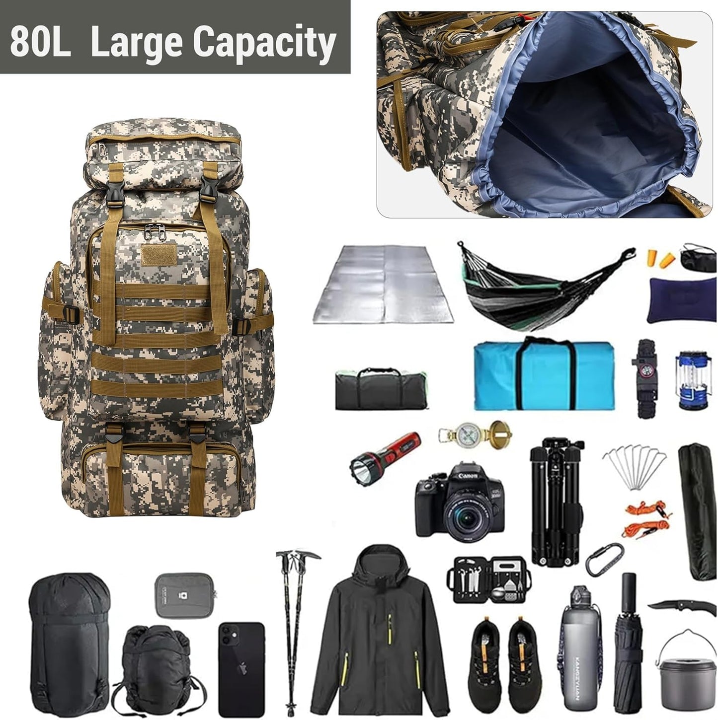 80L 2Pcs Hiking Backpack for Men with Sling Tactical Backpack - Rucksack Molle Military Tactical Waterproof Lightweight Camping Backpack 3 Day Assault Pack for Travel, Climbing, Backpacking