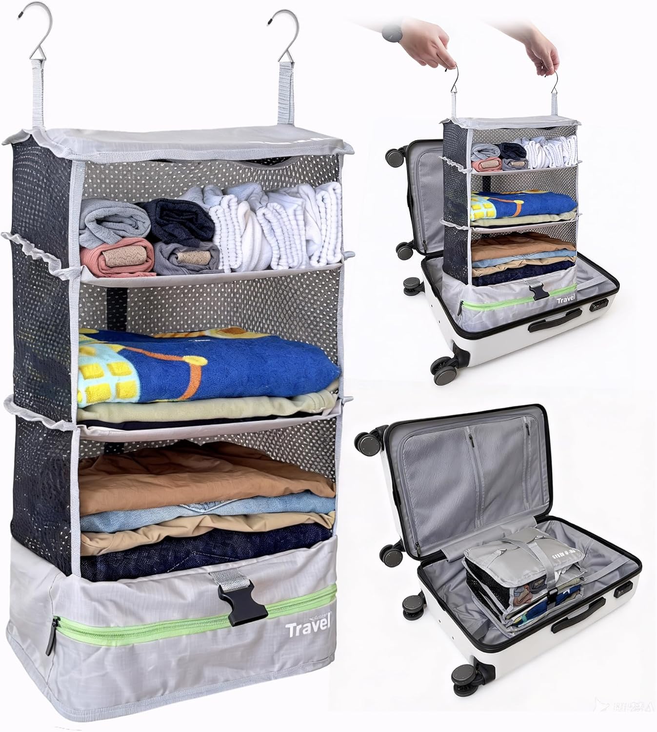 Grand Fusion Stow-N-Go Portable Hanging Travel Shelves, Packing Organizer for Luggage. Carry on Closet with Hanger for Clothes. Expandable Packing Cube. Travel Essentials, Light Gray - L