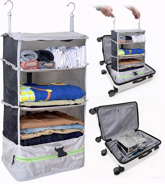 Grand Fusion Stow-N-Go Portable Hanging Travel Shelves, Packing Organizer for Luggage. Carry on Closet with Hanger for Clothes. Expandable Packing Cube. Travel Essentials, Light Gray - L