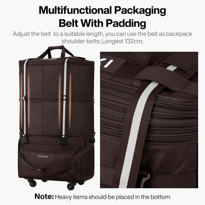 mixi Travel Bag with Wheels Expandable Foldable Luggage Bag Collapsible Rolling Travel Duffel Bags Large Capacity Suitcase for Men Women, Brown