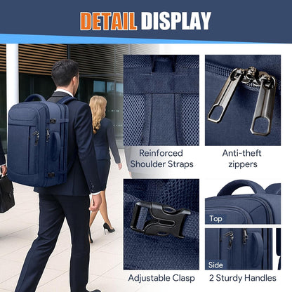 55L Travel Backpack, Extra Large Laptop Backpack, Carry On Backpack, Expandable 50L - 60L Large Luggage TSA Flight Approved Anti-Theft Laptop Bag, 18.4 Inch Business Weekender Bag For Men, Blue