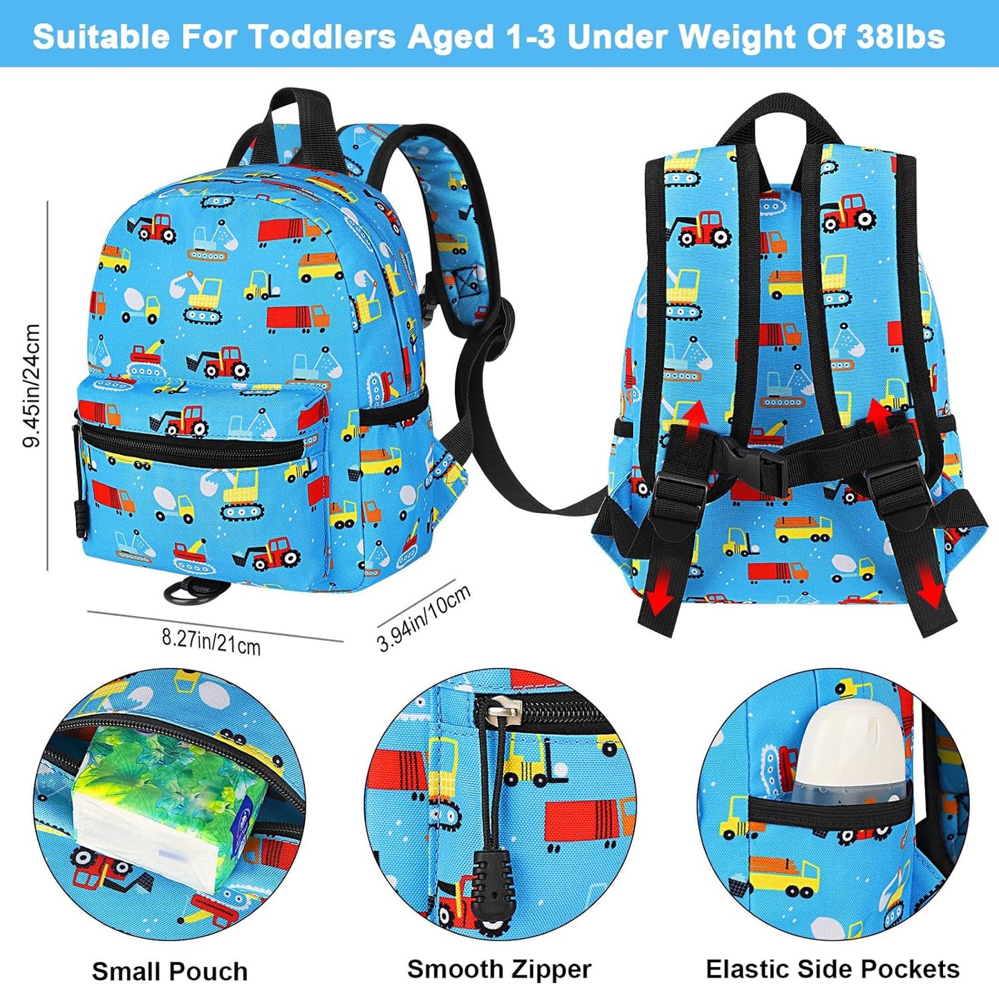 Accmor Toddler Backpack with Leash, Baby Backpacks with Anti Lost Wrist Link, Cute Mini Kids Backpack Leash Walking Harness for Travel, Small Excavator Backpack Tether for Boys Girls 1-3 (Light Blue)