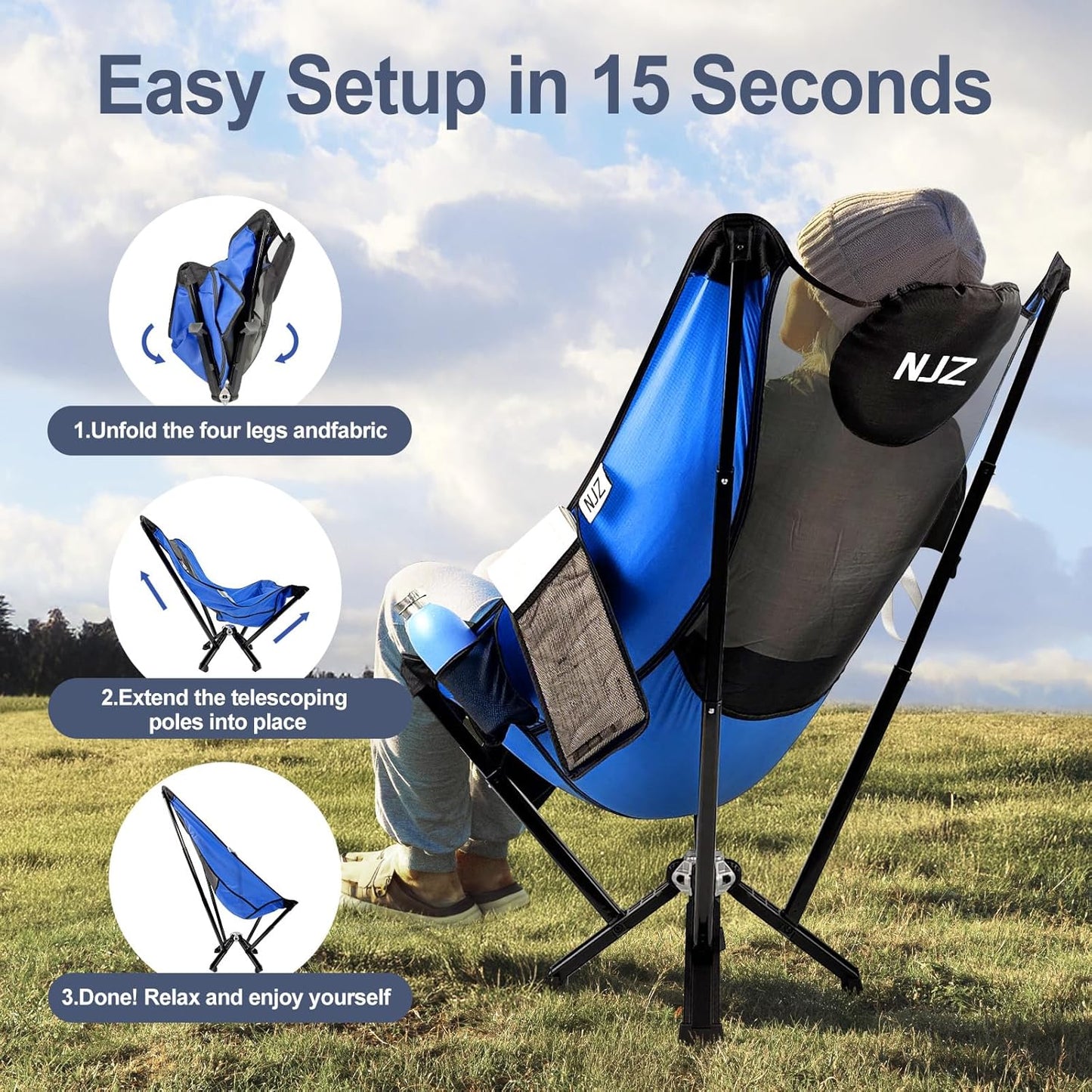 High Back Camping Chairs for Adults - 600 LBS Capacity Stable Outdoor Folding Chair with Comfortable Backrest & Headrest, Quick Setup - Portable Chair for Road Trip, Sports, Car Camping - Blue