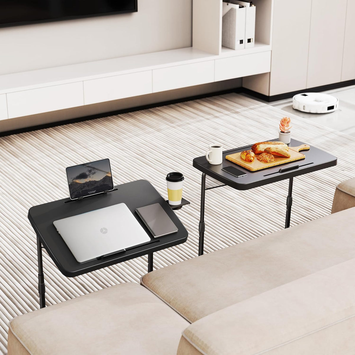 Ultra TV Tray Table, Allpop TV Dinner Tray for Eating, Adjustable Folding Tray Table with Book Stand, Cup Holder, Laptop Stopper & Tablet Slot on Coach & Bed, Black