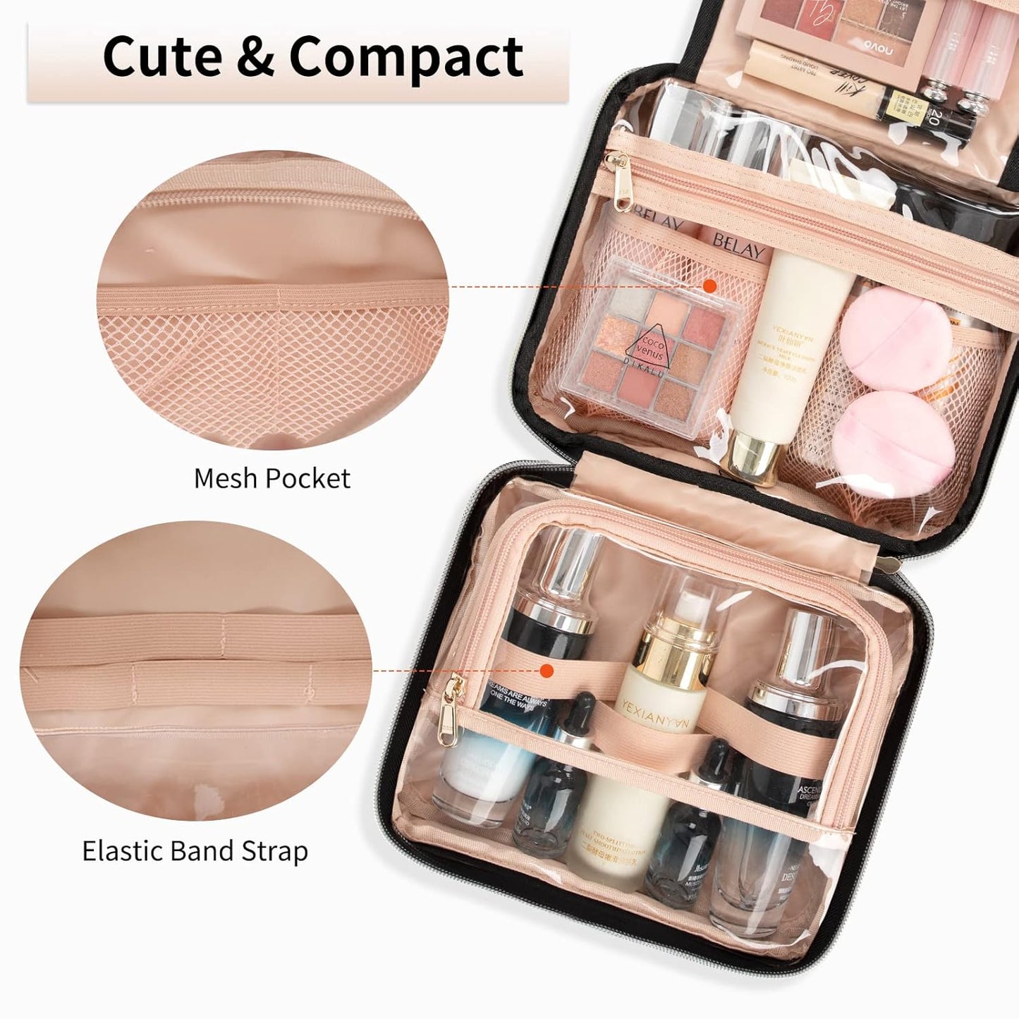 CUBETASTIC Hanging Travel Toiletry Bag, Makeup Bag for Women Girls, 3 Comparment Small Travel Bag Rhombus Quilted Cosmetic Organizer Case Portable Skincare Pouch with Handle