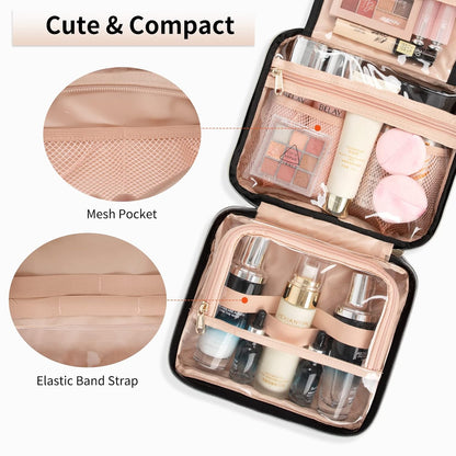 CUBETASTIC Hanging Travel Toiletry Bag, Makeup Bag for Women Girls, 3 Comparment Small Travel Bag Rhombus Quilted Cosmetic Organizer Case Portable Skincare Pouch with Handle