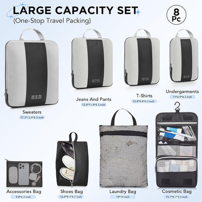 8 Set Compression Packing Cubes for Travel Essentials,Compressible Expandable Packing Cubes for Suitcase,OlarHike Luggage Organizer Bags for Travel,Handy Helper for Organizing Clothes(Black)