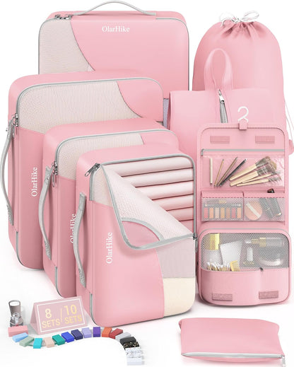 8 Set Packing Cubes for Travel, Gifts for Women Mom,Anti-Tearing Suitcase Organizer for Luggage with Shoe & Hanging Toiletry Bag,OlarHike Vacation Essentials & Accessories for Cruise Ship,Dream Pink