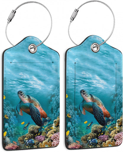 Set of 2 Luggage Tags for Suitcases, Leather Turtle Fish and Coral Baggage Tags with Stainless Steel Loop, Privacy Name ID Card Cover Kawaii Travel Labels for Women Men Kids Girls