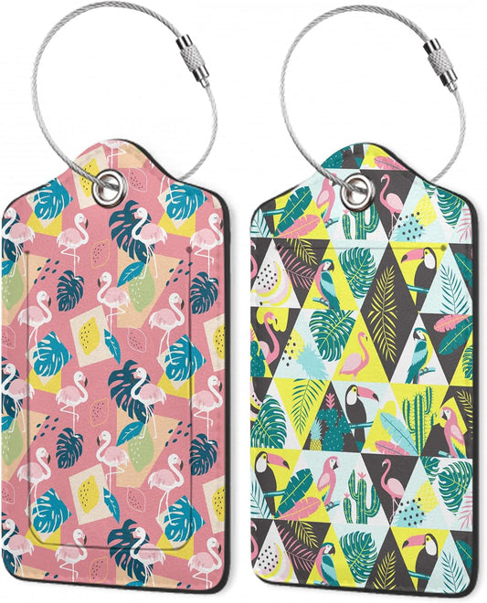 Pink Flamingo Luggage Tags,2 Pack Tropical Palm Leaves Luggage Tag,Leather Privacy Cover ID Label with Stainless Steel Loop for Women Men Kids Girls Travel