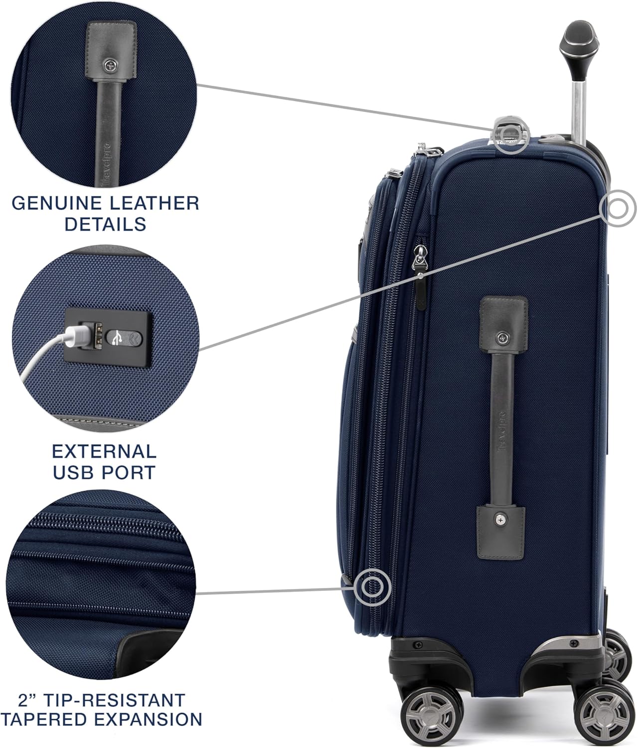 Travelpro Platinum Elite Softside Expandable Carry on Luggage, 8 Wheel Spinner Suitcase, USB Port, Suiter, Men and Women, Dark Blue, Carry On 21-Inch