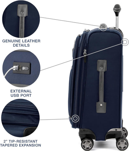 Travelpro Platinum Elite Softside Expandable Carry on Luggage, 8 Wheel Spinner Suitcase, USB Port, Suiter, Men and Women, Dark Blue, Carry On 21-Inch