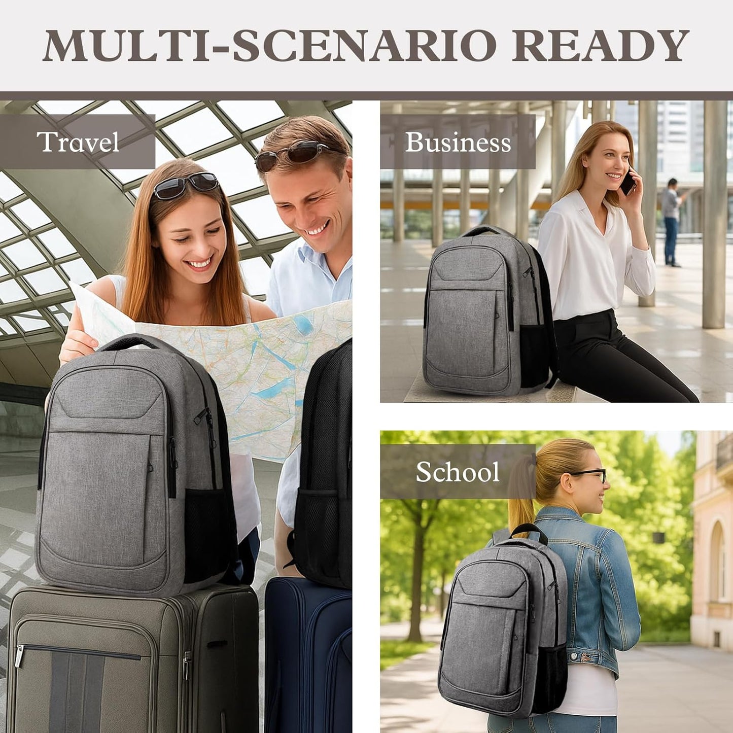 Travel Backpack, Large Travel Backpack, 17 Inch Laptop Bag, Water Resistant Durble Slim Casual Daypack College School Computer Bag Gift for Men & Women Fits 17.3 Inch Notebook, Grey