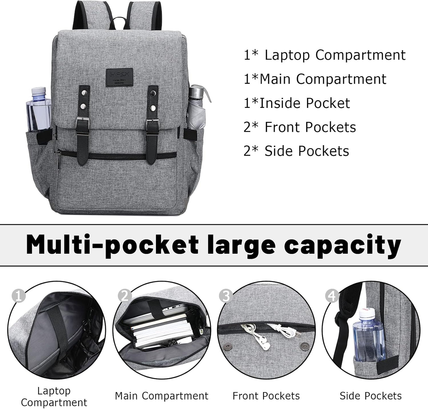 HFSX Vintage Backpack Anti Theft Laptop Backpack Men Women Business Travel Computer Backpack College Bookbag Stylish Water Resistant Vintage Backpack with USB Port Fits 15.6 Inch Laptop Grey