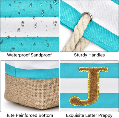 Becokan Beach Bag Initial Beach Tote with Makeup Bag for Travel Work Storage Personalized Birthday Gifts for Women Her