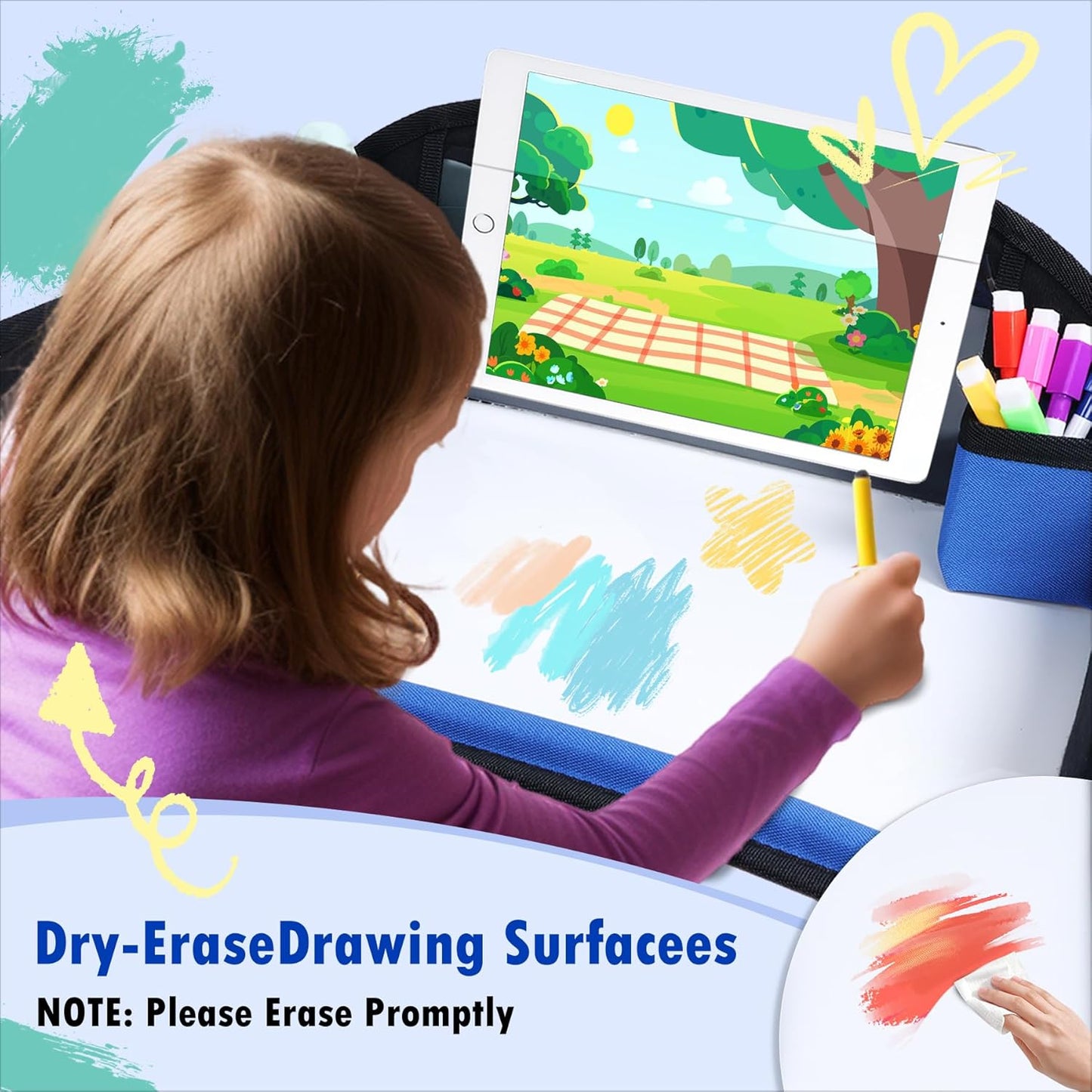 Kids Travel Tray for Airplane - Toddler Car Seat Table Tray, Road Trip Essentials for Boys & Girls, Carseat Lap Desk for Kids Road Trip Activities(Navy Blue)