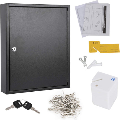 KYODOLED Key Storage Lock Box with Key, Locking Key Cabinet, 100 Key Management Wall Mount with Key Lock, Key Hooks & Tags Key Labels, 3.1" D x 17.1" W x 14.1" H (Black 100 Key)