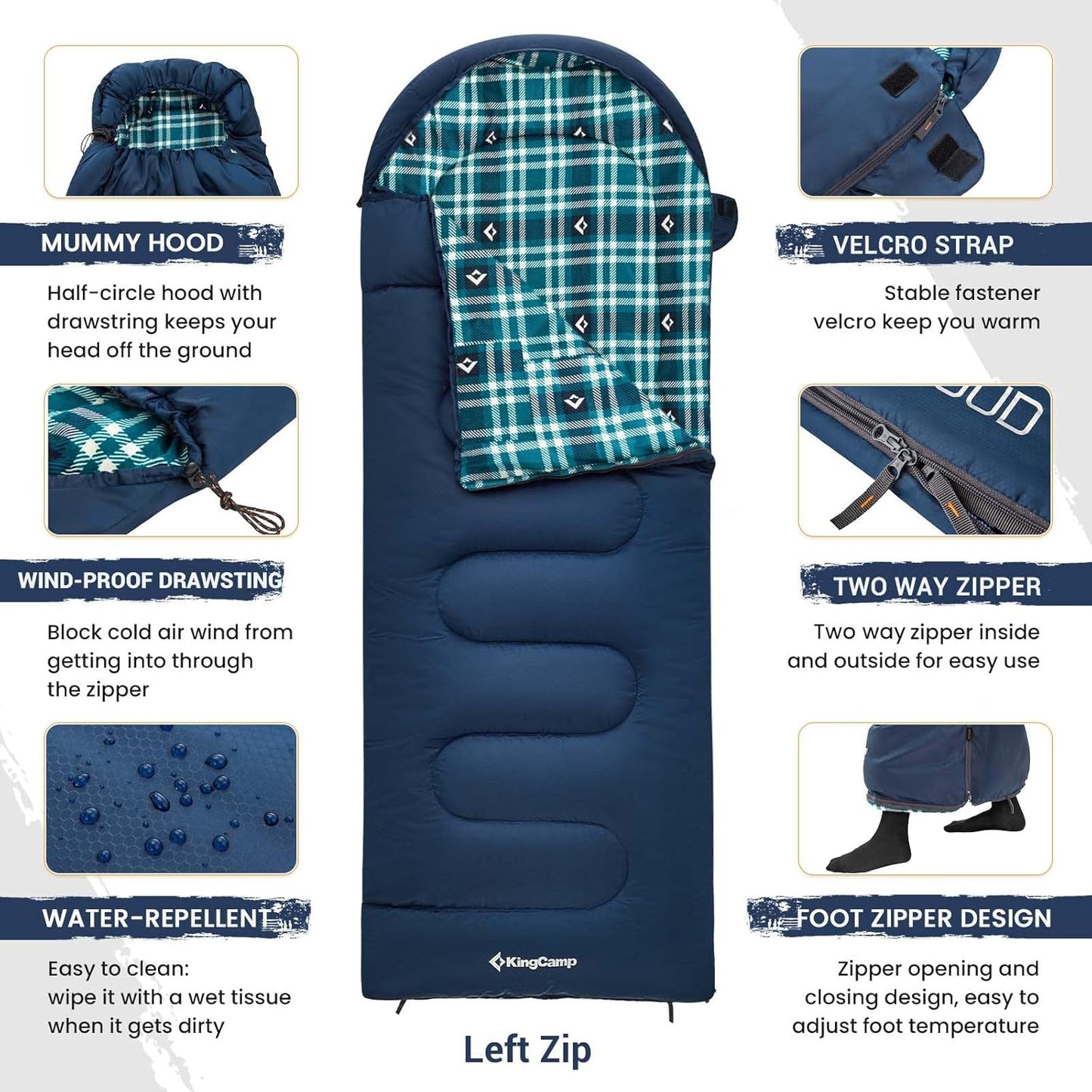 KingCamp Sleeping Bag for Adults, Cold Weather & Warm XL Big and Tall Flannel Sleeping Bags with Compression Sack Portable Waterproof Essentials Gear Accessories for Outdoor Camping